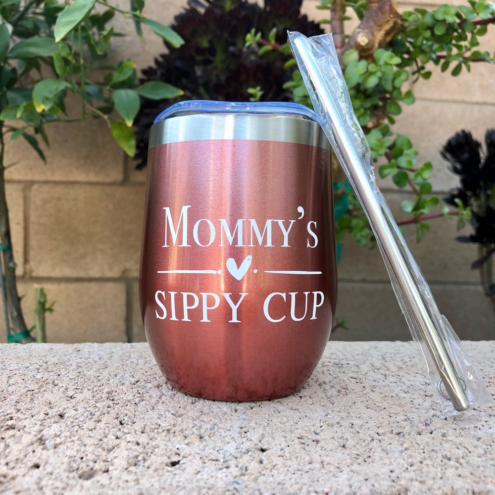 Rose Gold Wine Glass Mug with Straw - “Mommy’s Sippy Cup”